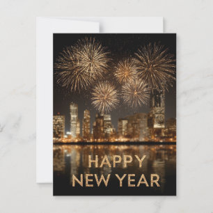 "Happy New Year" with Fireworks over a City Postcard
