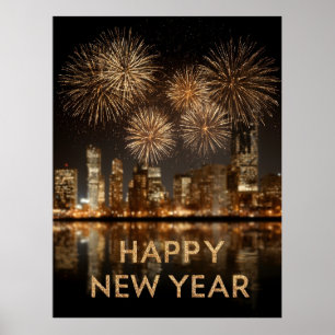 "Happy New Year" with Fireworks over a City Poster