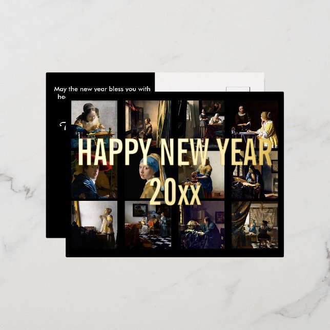 Happy New Year with Johannes Vermeer Patchwork Foil Holiday Postcard (Front/Back)