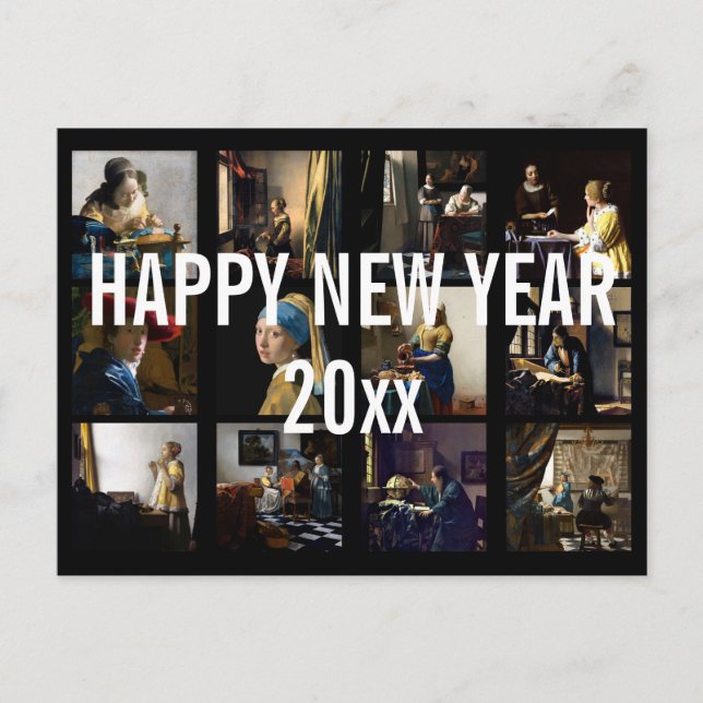 Happy New Year with Johannes Vermeer Patchwork Postcard (Front)