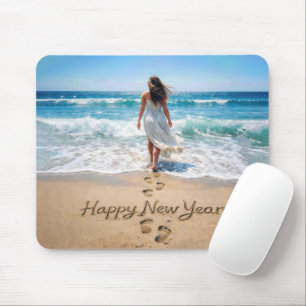 Happy New Year with Woman Walking into Ocean Mouse Pad