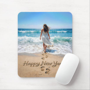 Happy New Year with Woman Walking into Ocean Mouse Pad