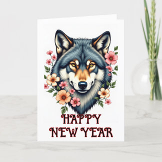 Happy New Year Wolf Floral Folded Holiday Card