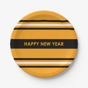 Happy New Year Yellow and Black Paper Plate
