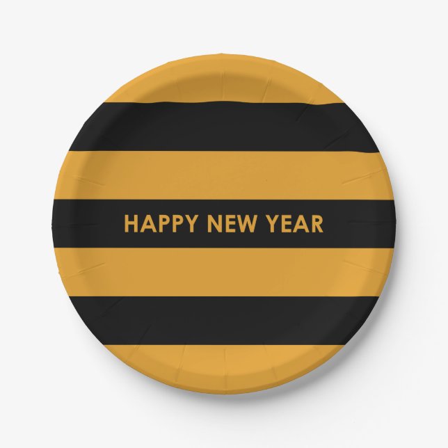 Happy New Year Yellow and Black Paper Plate (Front)