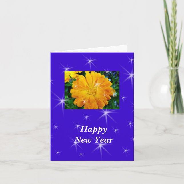 Happy New Year yellow daisy flower Holiday Card (Front)