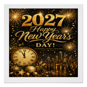 Happy New Year's Day 2027   Luxury Gold Fireworks  Poster