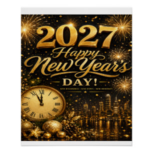 Happy New Year's Day 2027   Luxury Gold Fireworks  Poster