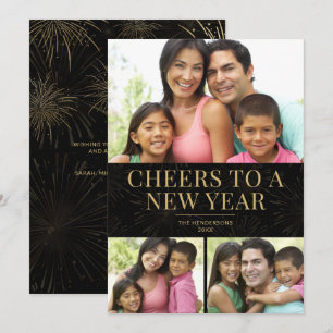 Happy New Years Modern Black Gold Family 3 Photo Holiday Card
