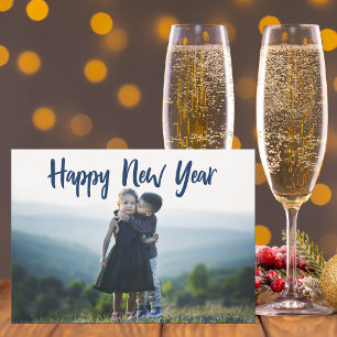Happy New Years Modern Blue Typography Photo Holiday Card