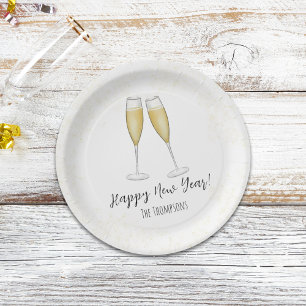 Happy New Years Party Champagne Watercolor Gold Paper Plate