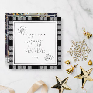 Happy New Years Simple Black & White Plaid Photo Card
