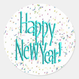 Happy New Years Text Turquoise Classic Round Sticker