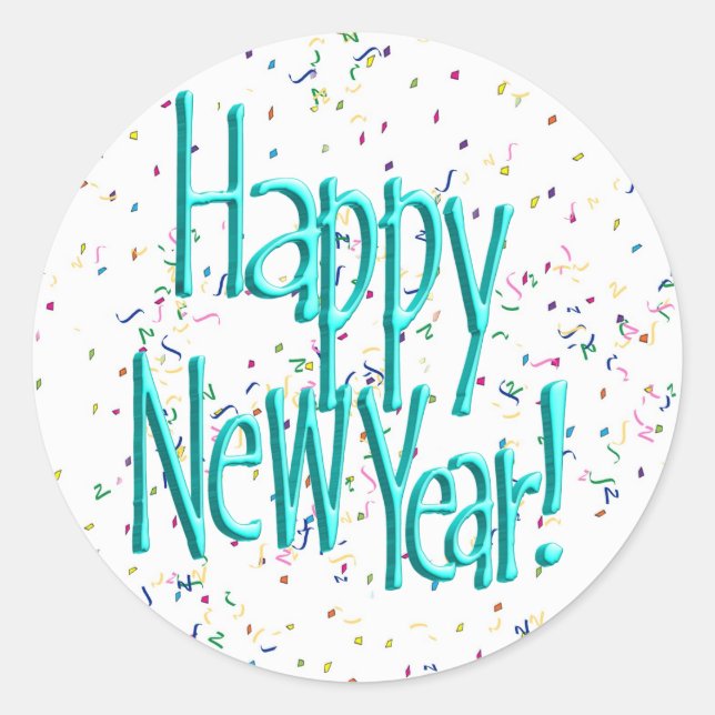 Happy New Years Text Turquoise Classic Round Sticker (Front)