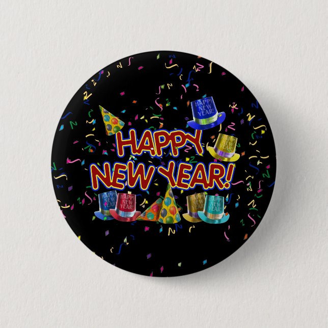 Happy New Years Text w/Party Hats & Confetti 6 Cm Round Badge (Front)
