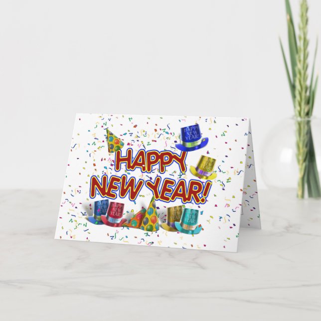 Happy New Years Text w/Party Hats & Confetti Holiday Card (Front)