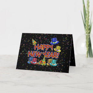 Happy New Years Text w/Party Hats & Confetti Holiday Card