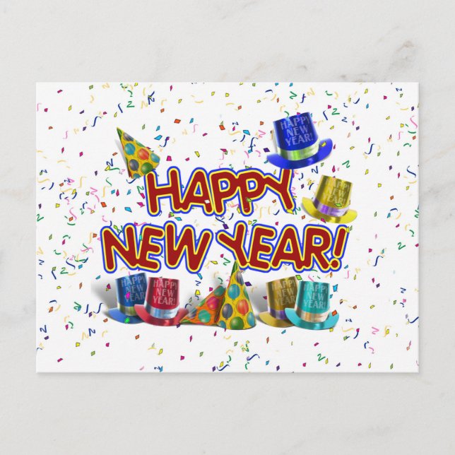 Happy New Years Text w/Party Hats & Confetti Holiday Postcard (Front)