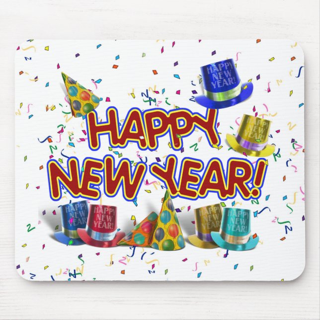 Happy New Years Text w/Party Hats & Confetti Mouse Pad (Front)