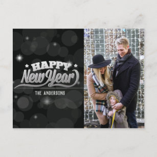 Happy New Years Typography   Photo   Black Bokeh Postcard