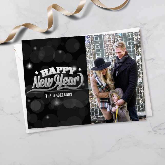 Happy New Years Typography | Photo | Black Bokeh Postcard (Creator Uploaded)