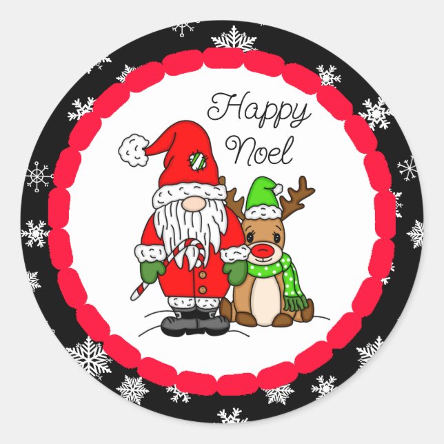 Happy Noel Gnome Santa and Reindeer Christmas  Classic Round Sticker (Front)