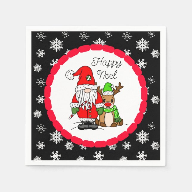 Happy Noel Gnome Santa and Reindeer Christmas  Napkin (Front)