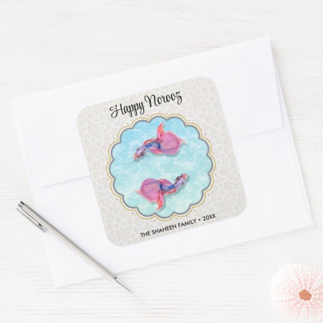 Happy Norooz Mubarak Fish Orient Colourful Pattern Square Sticker (Envelope)