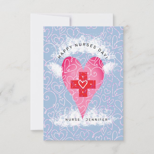 Happy Nurses Day Blue Pink Heart Personalised Thank You Card (Front)