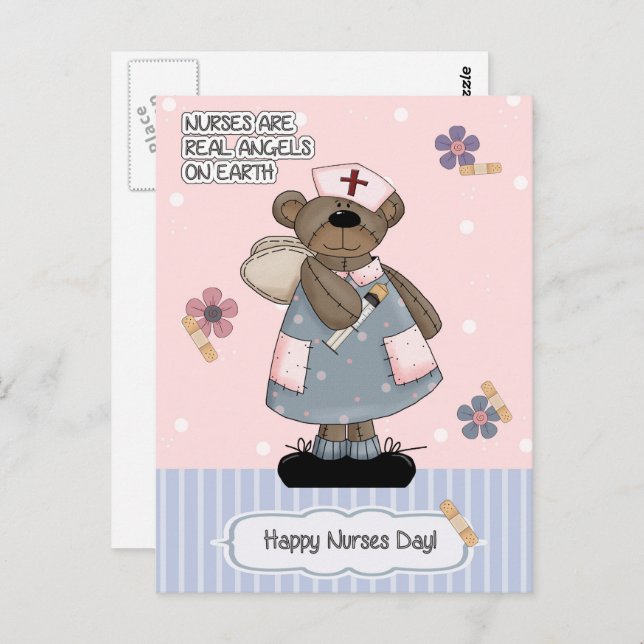 Happy Nurses Day. Cute Teddy Bear Angel Postcard (Front/Back)