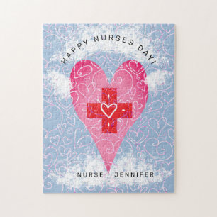 Happy Nurses Day Pink Heart with Wings Personalise Jigsaw Puzzle