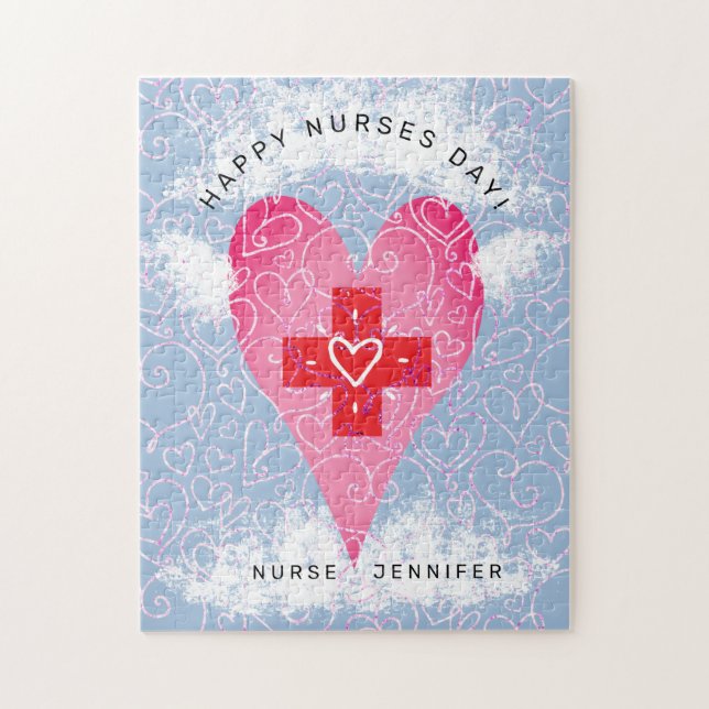 Happy Nurses Day Pink Heart with Wings Personalise Jigsaw Puzzle (Vertical)