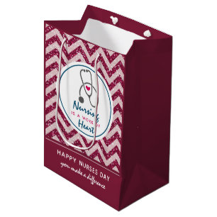 Happy Nurses Day Stethescope on Red Chevron Medium Gift Bag