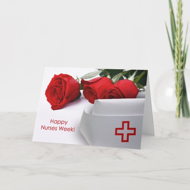 Happy Nurses Week. Red Roses and Nurse Cap Card (Front)