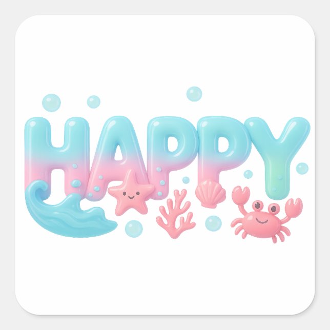 Happy Ocean Pastel Glossy Text Square Sticker (Front)