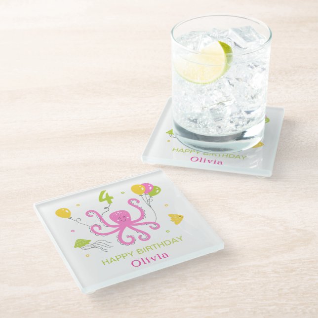 Happy Octopus Birthday Glass Coaster (Angled)