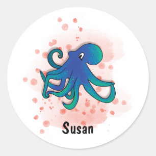 happy octopus watercolor style classic round sticker