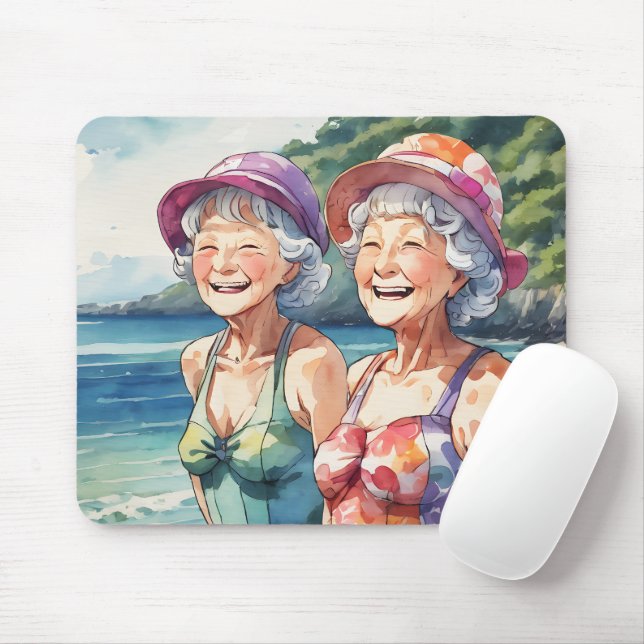 Happy Old Ladies On The Beach Mouse Pad (With Mouse)