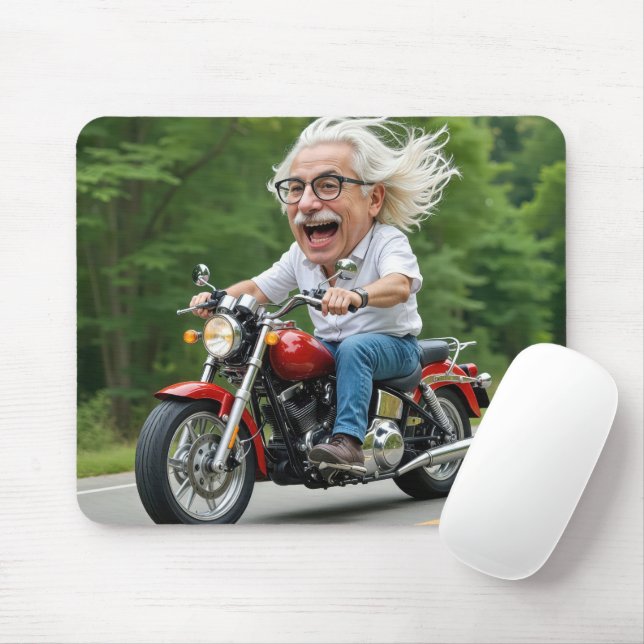 Happy Old Man Riding On a Motorcycle Mouse Pad (With Mouse)