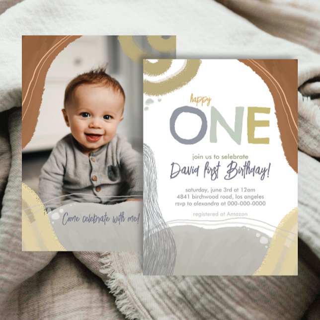 Happy One First Birthday Photo boy Invitation (Creator Uploaded)