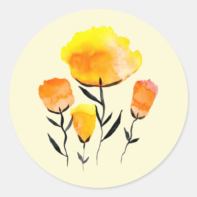 Happy orange and yellow flowers classic round sticker (Front)