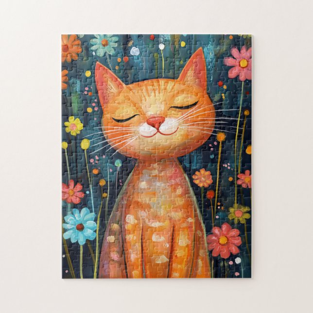 Happy Orange Cat Whimsical Flowers Jigsaw Puzzle (Vertical)