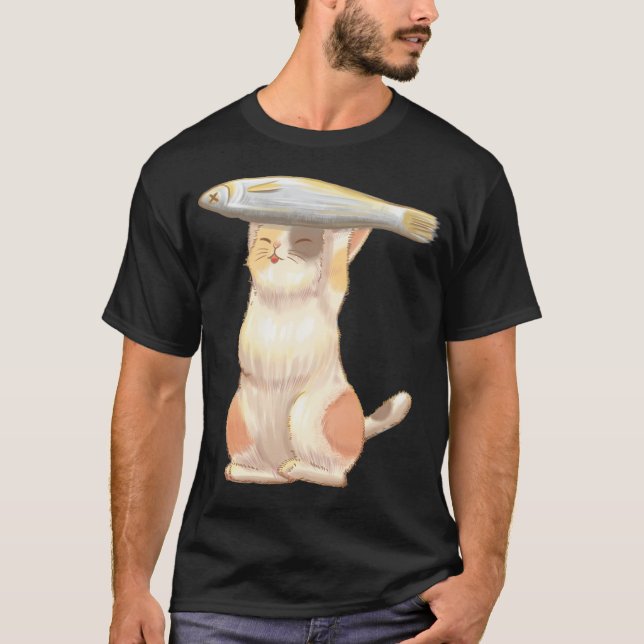 Happy Orange Cat with Fish T-Shirt (Front)