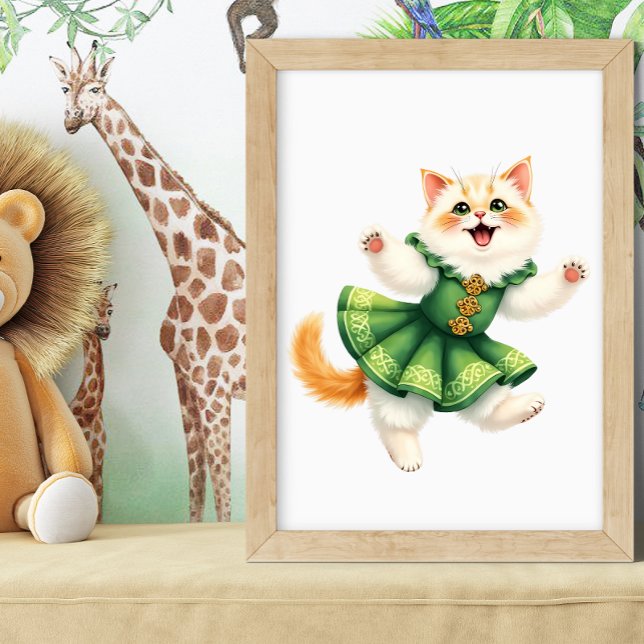 Happy Orange Kitten in Green Celtic Dress Dancing Poster (Creator Uploaded)