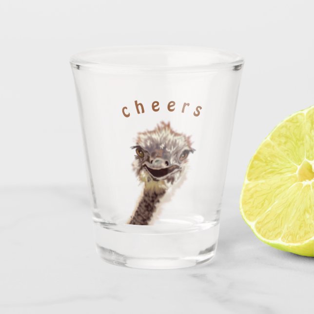 Happy Ostrich Funny Shot Glass - Cheers (Front)