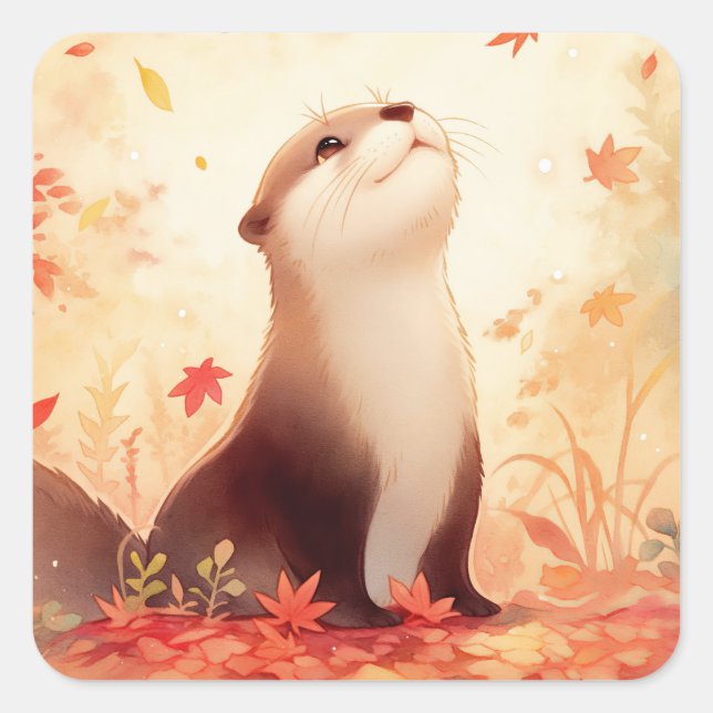 Happy Otter Looking Up at Falling Maple Leaves Square Sticker (Front)