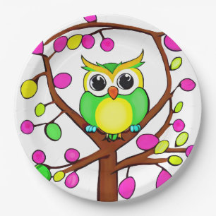 Happy owl in a multicolored tree paper plate