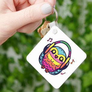 Happy Owl with headphones listening to music. Key Ring
