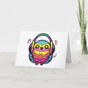 Happy Owl with headphones listening to music. Note Card