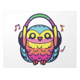 Happy Owl with headphones listening to music. Notepad